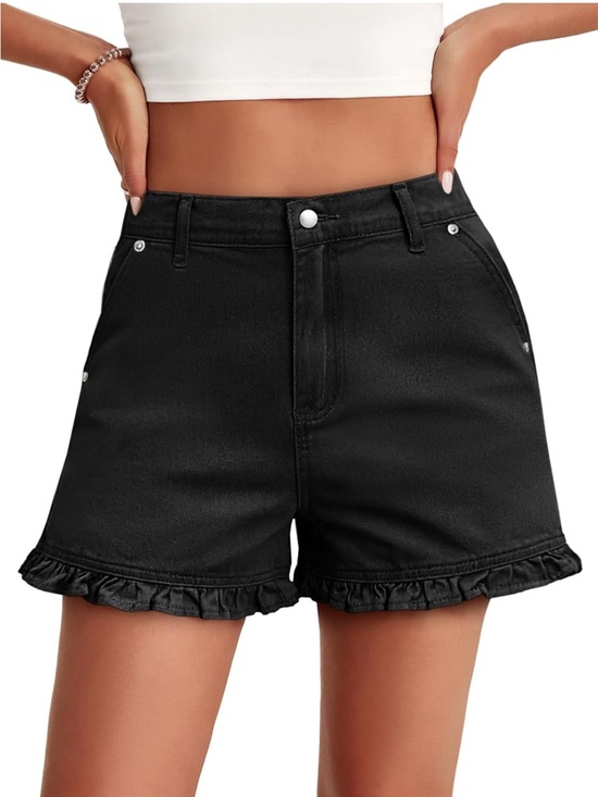Pants - Women’s Casual Denim Ruffle Hem Shorts. Size 10. Black.